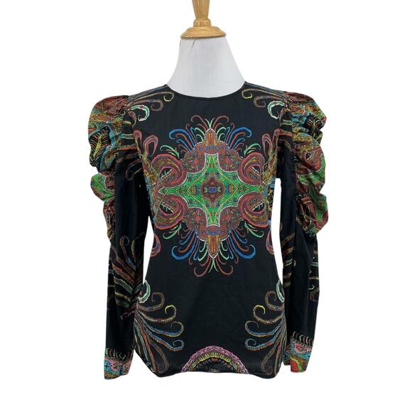 Desigual Blouse Womens M Medium Black Multi Puff Ruched Sleeve Friezes Print - Picture 1 of 14